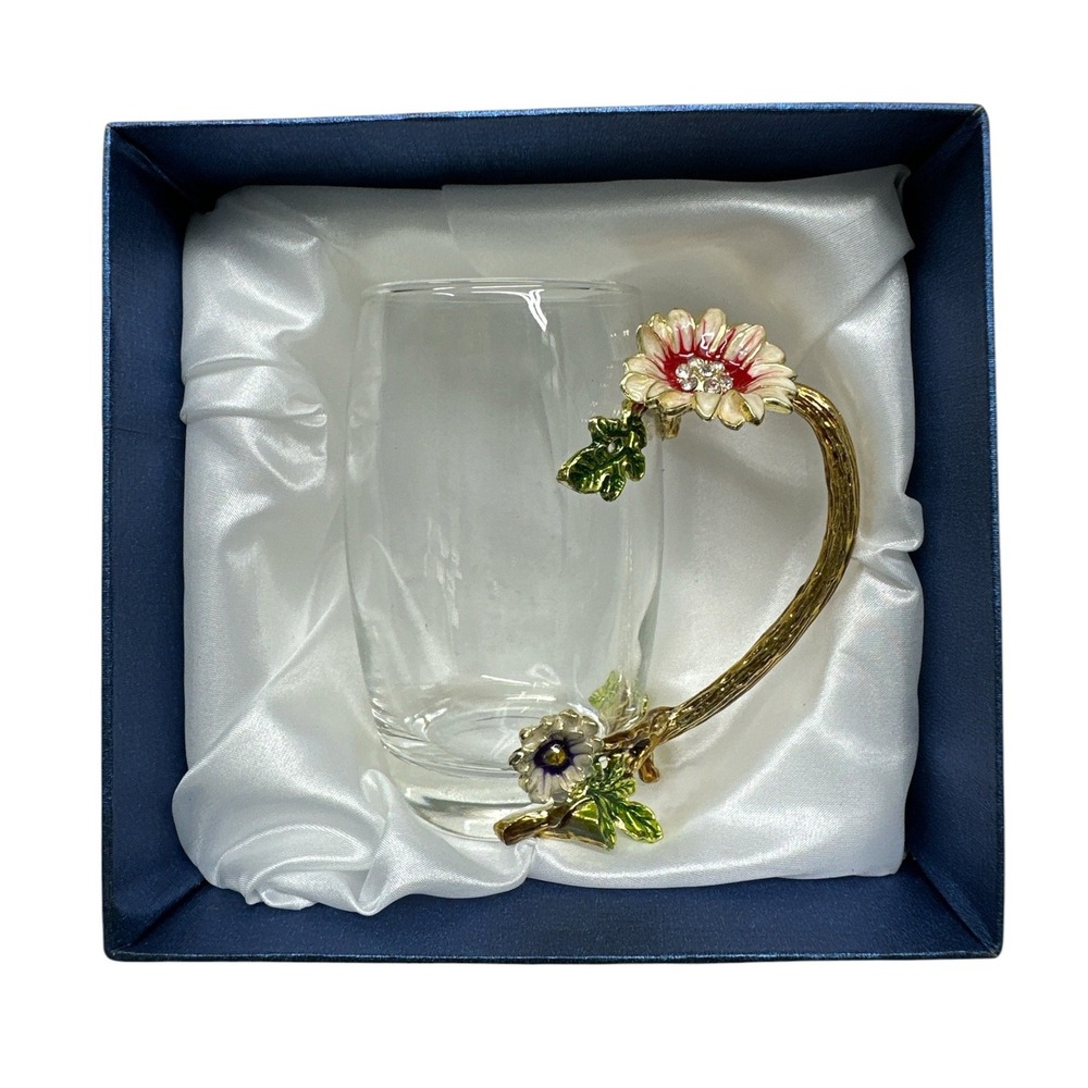 Arc Glass Mug Enamel Flower Branch Handle Rhinestone Early 2000s Vintage 35cl